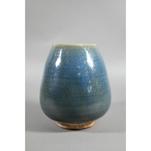 451 - A Chinese Jun Yao style lotus bud vase evenly covered with a crackled turquoise glaze with large irr... 