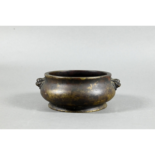 459 - An 18th/19th century Chinese gilt bronze censer or compressed globular form on circular foot cast wi... 