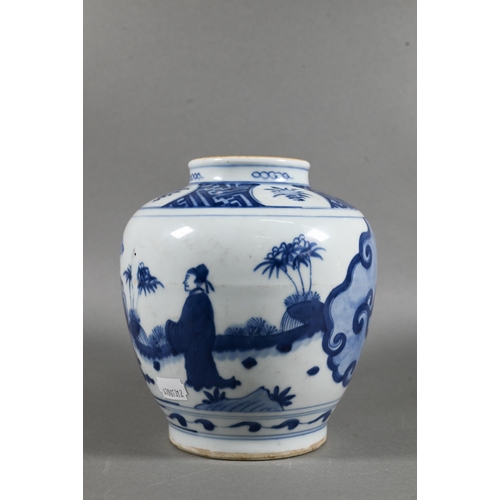 461 - A Chinese Wanli style blue and white jar in the Ming dynasty manner, painted in underglaze blue with... 