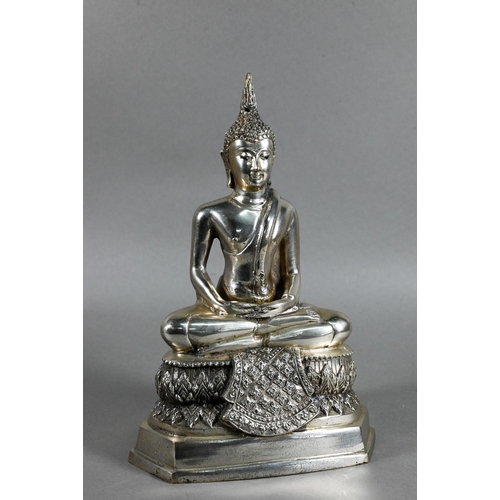 471 - A 20th century silvered base-metal Thai figure of Shakyamuni Buddha with hands in the meditation pos... 