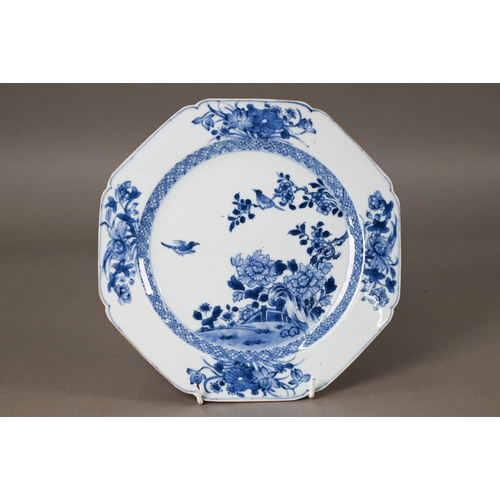 479 - An 18th century Chinese blue and white octagonal plate painted in tones of underglaze blue with two ... 