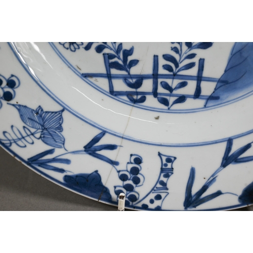 483 - Two 18th century Chinese octagonal tureen stands painted in underglaze blue with pine tree and willo... 