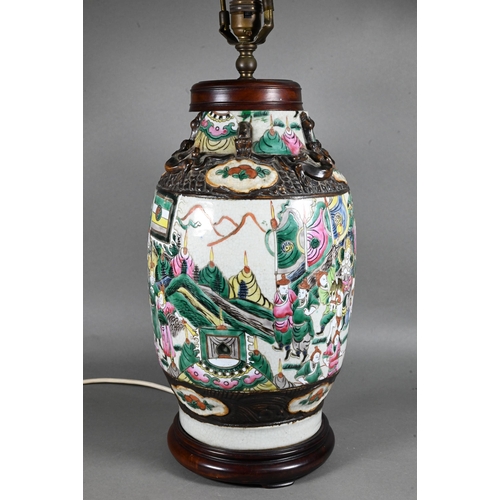 489 - A late 19th century Chinese famille rose Nanking vase (mounted as a lamp) painted in polychrome enam... 