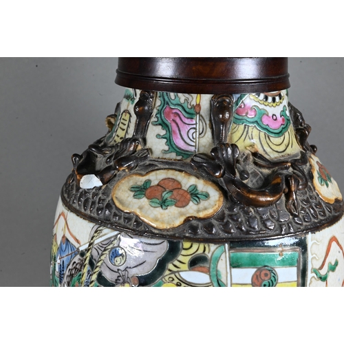 489 - A late 19th century Chinese famille rose Nanking vase (mounted as a lamp) painted in polychrome enam... 