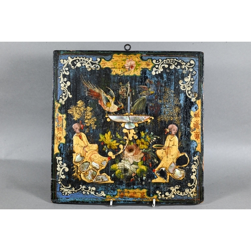 496 - A Chinese polychrome and gilded decorative panel painted with figures, birds and flowers with mother... 