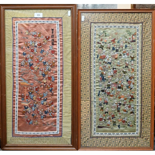 502 - Two early 20th century Chinese embroidered silk 'one hundred boys' panels peach/gold ground with bro... 