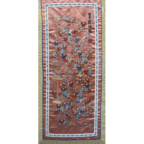 502 - Two early 20th century Chinese embroidered silk 'one hundred boys' panels peach/gold ground with bro... 