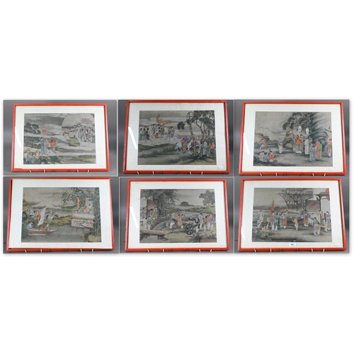 504 - Six 19th century Chinese watercolour paintings on silk depicting figures in various landscape settin... 