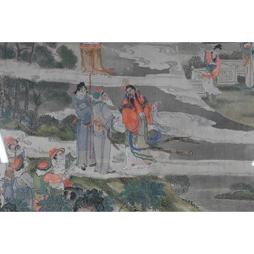 504 - Six 19th century Chinese watercolour paintings on silk depicting figures in various landscape settin... 