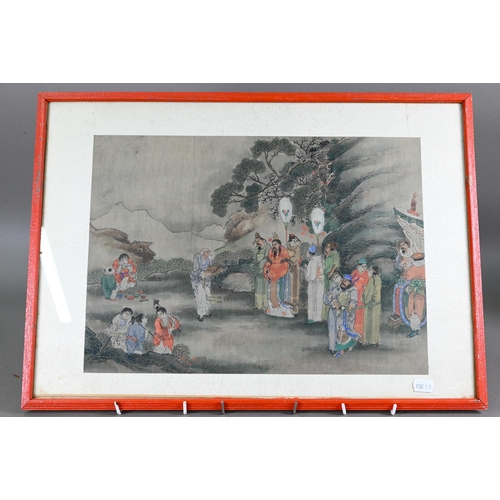 504 - Six 19th century Chinese watercolour paintings on silk depicting figures in various landscape settin... 