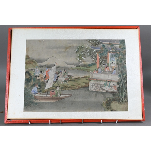 504 - Six 19th century Chinese watercolour paintings on silk depicting figures in various landscape settin... 