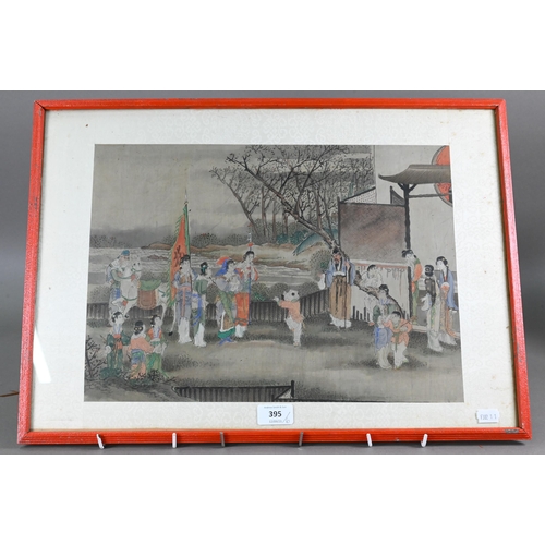 504 - Six 19th century Chinese watercolour paintings on silk depicting figures in various landscape settin... 