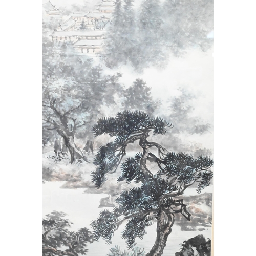 506 - Ma Qi'ou - A 20th century Chinese study of a mountainous landscape with dwellings, tall pine trees a... 