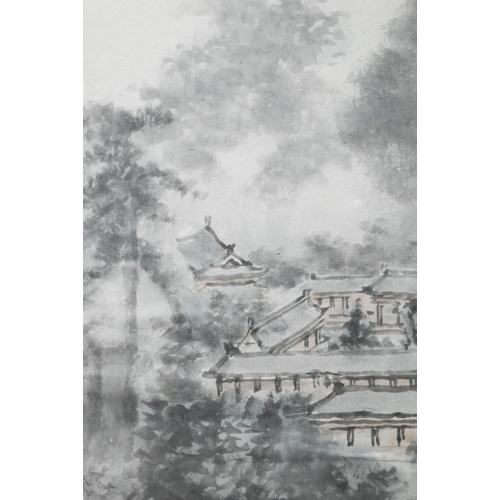 506 - Ma Qi'ou - A 20th century Chinese study of a mountainous landscape with dwellings, tall pine trees a... 