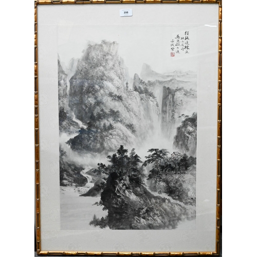 507 - Ma Qi'ou - A 20th century Chinese watercolour of a mountainous landscape, calligraphic inscription a... 