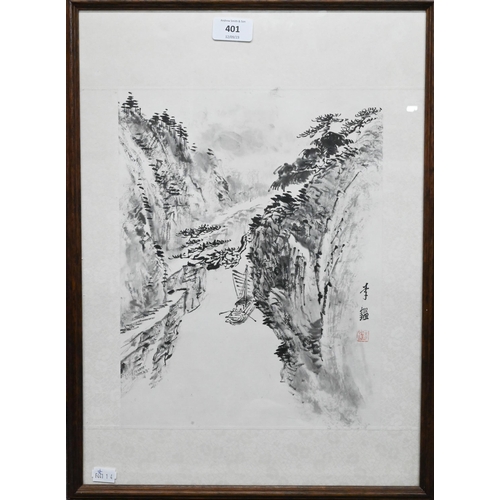 510 - Follower of Li Jian - study of a Chinese sampan on the river in a mountainous landscape setting, two... 