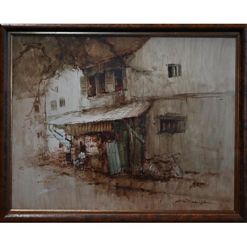 Ah Tee ANG (b.1943 Singapore) Mini Shop -  acrylic painting of a seated figure and bicyles outside a small shop at the bottom of River Valley Road, Singapore, signed and dated '82' lower right corner, framed and glazed, image size 56 cm x 44 cm, c/w a printed copy of 'certificate of Authenticity' from the della butcher gallery