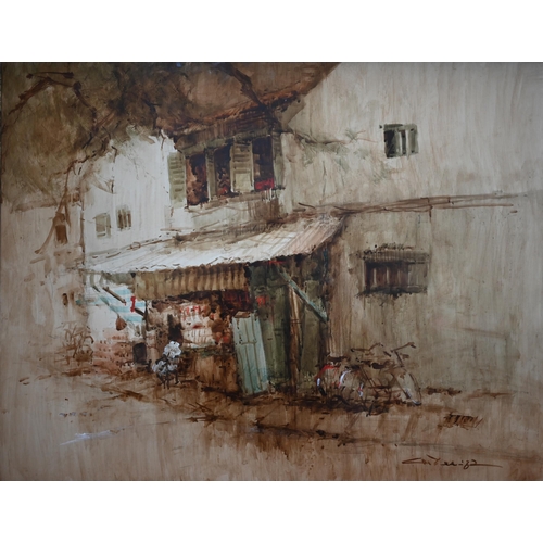 511 - Ah Tee ANG (b.1943 Singapore) Mini Shop -  acrylic painting of a seated figure and bicyles outside a... 