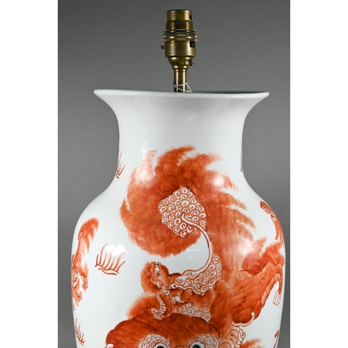 515 - A Chinese red and white baluster vase (mounted as a lamp on hardwood stand) painted in iron red enam... 