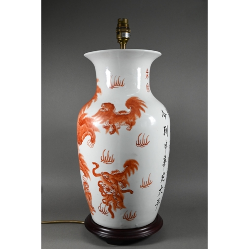 515 - A Chinese red and white baluster vase (mounted as a lamp on hardwood stand) painted in iron red enam... 