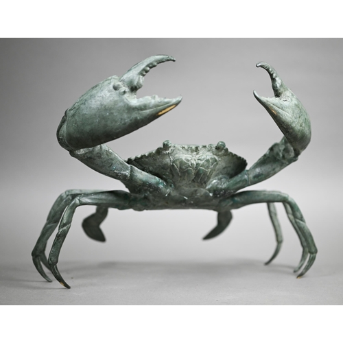 522 - A Japanese verdigris-patinated bronze crab, of well-modelled style, unsigned, 20 cm high x 28 cm wid... 