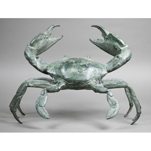 522 - A Japanese verdigris-patinated bronze crab, of well-modelled style, unsigned, 20 cm high x 28 cm wid... 