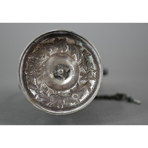 525 - Description Amendment- An North Indian Mughal silver rosewater ewer surmounted by birds, with scroll... 