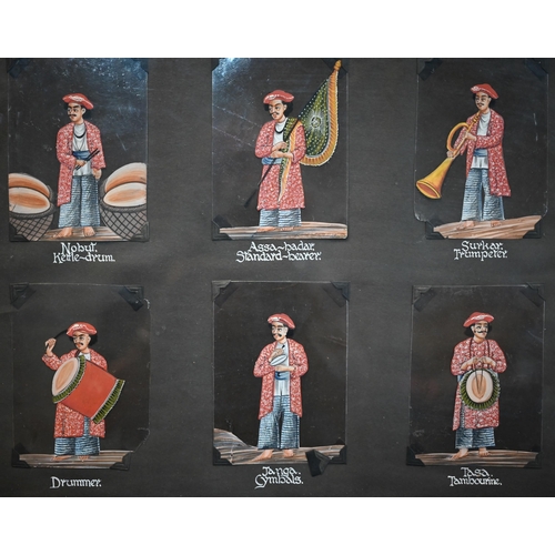 526 - A set of twenty-four Indian paintings on mica, depicting servants and musicians, mounted in four fra... 