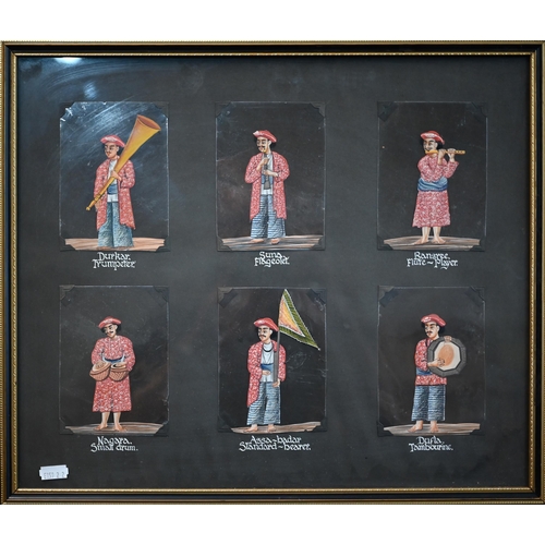 526 - A set of twenty-four Indian paintings on mica, depicting servants and musicians, mounted in four fra... 