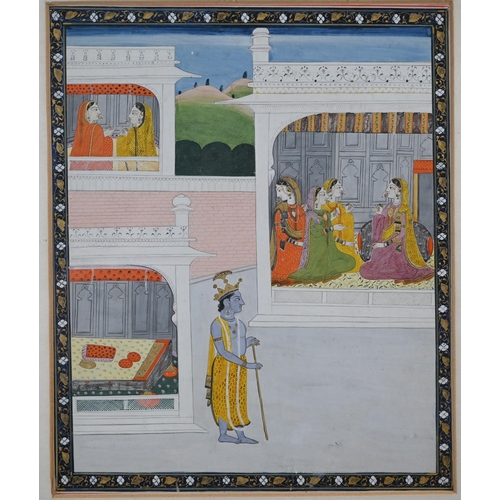 527 - A Mughal-style painting of a Hindu God with female attendants in a palace, 25 x 21 cm, mounted, fram... 