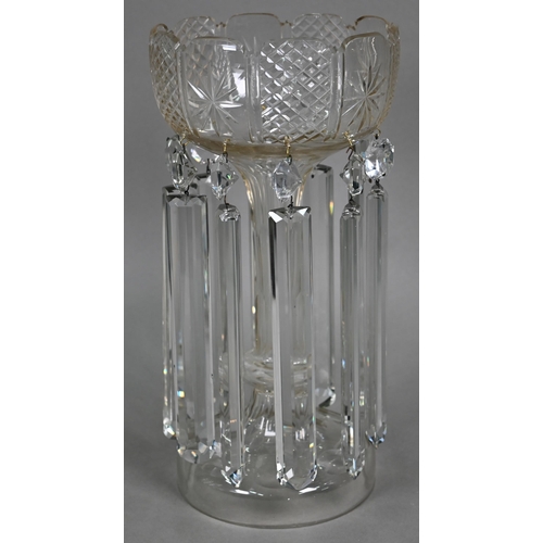 535 - A large pair of cut glass vases, hung with facetted beads and lustres, on hollow knop stems with dom... 