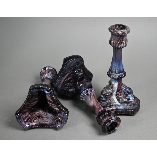 537 - A pair of Victorian Sowerby slag glass classical column candlesticks 23 cm high to/w a set of three ... 