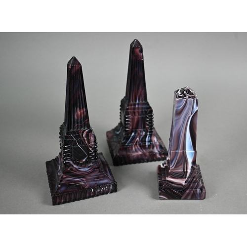 538 - A pair of unmarked Victorian slag glass obelisks 20 cm to/w a single obelisk, 16.5 cm (3)