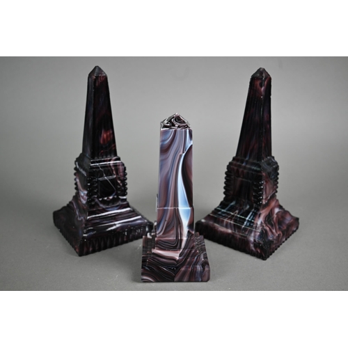 538 - A pair of unmarked Victorian slag glass obelisks 20 cm to/w a single obelisk, 16.5 cm (3)