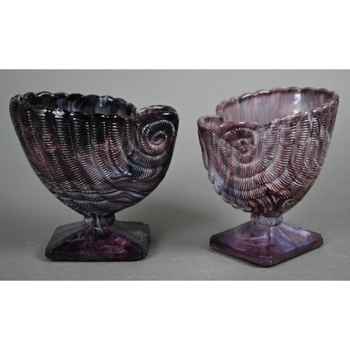 539 - A matched pair of 19th century unmarked slag glass shell vases on rectangular bases, 10 cm high to/w... 