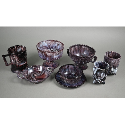 541 - Two Davidson slag glass stemmed bowls, 12 cm diam, a taste-vin and a match-pot (latter repaired), to... 