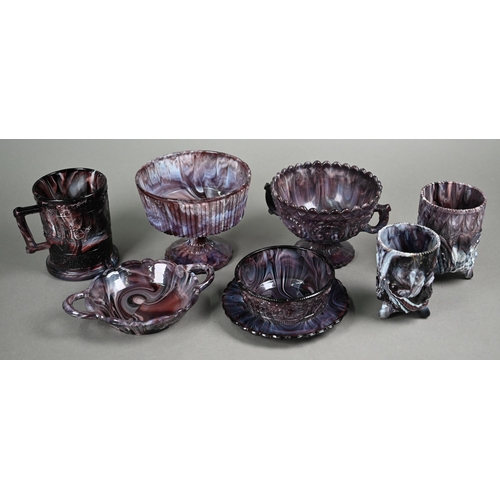 541 - Two Davidson slag glass stemmed bowls, 12 cm diam, a taste-vin and a match-pot (latter repaired), to... 