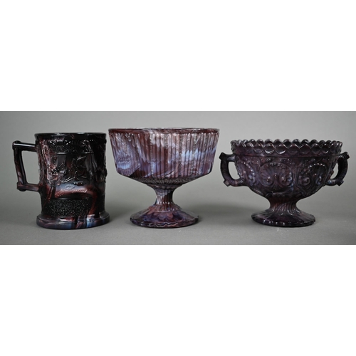 541 - Two Davidson slag glass stemmed bowls, 12 cm diam, a taste-vin and a match-pot (latter repaired), to... 