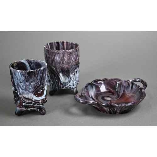 541 - Two Davidson slag glass stemmed bowls, 12 cm diam, a taste-vin and a match-pot (latter repaired), to... 