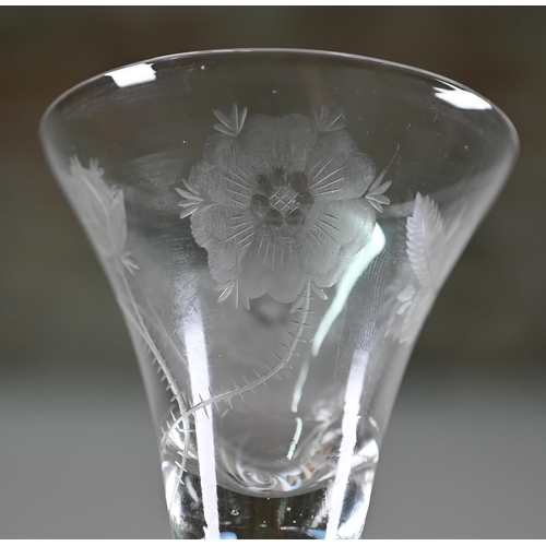 543 - A pair of Jacobite-style cordial glasses, the flared bowls wheel-etched with roses and buds, on opaq... 