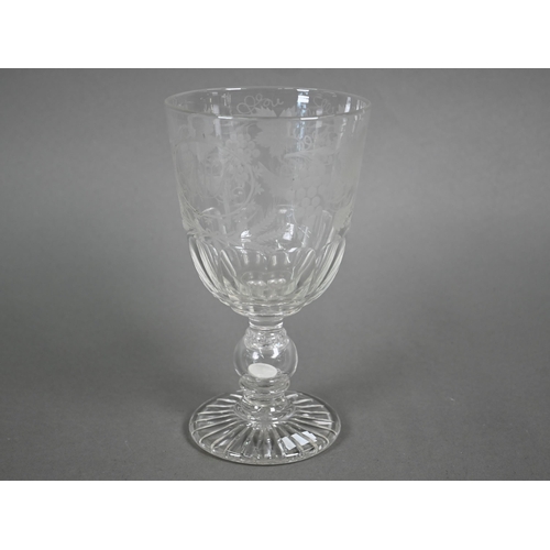 547 - A Victorian coin-stem glass goblet, the cut and vine-etched bowl with AMR monogram, the hollow balus... 