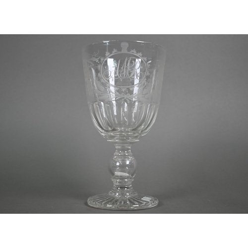 547 - A Victorian coin-stem glass goblet, the cut and vine-etched bowl with AMR monogram, the hollow balus... 