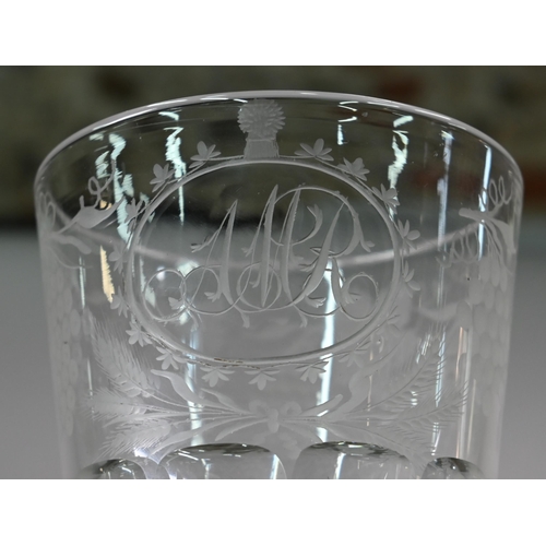 547 - A Victorian coin-stem glass goblet, the cut and vine-etched bowl with AMR monogram, the hollow balus... 