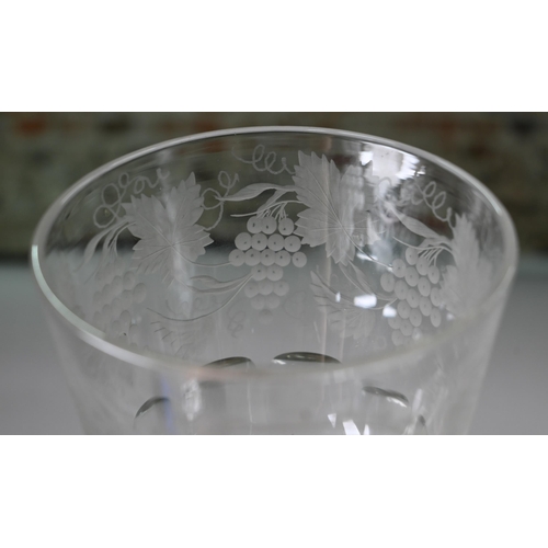 547 - A Victorian coin-stem glass goblet, the cut and vine-etched bowl with AMR monogram, the hollow balus... 