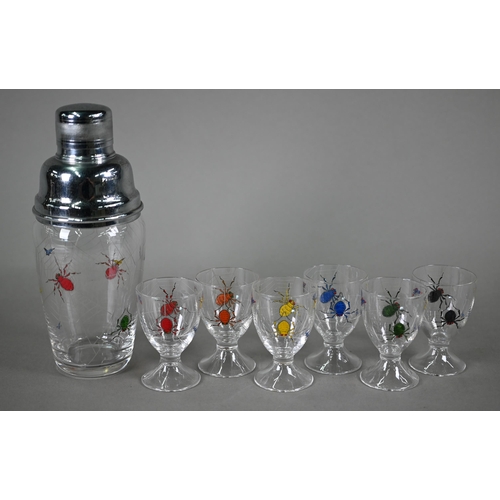 556 - A Stuart crystal novelty cocktail shaker with chrome-plated top, the glass body painted with spiders... 