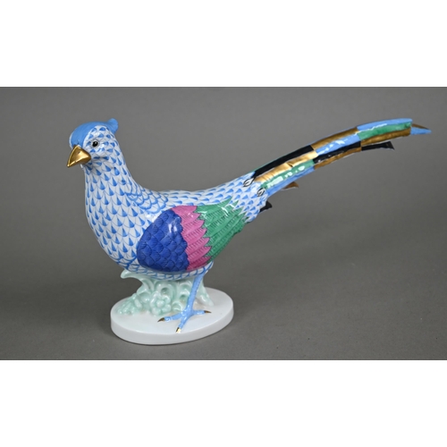 561 - A Herend (Hungary) porcelain pheasant, painted with blue scale, 17 x 32 cm