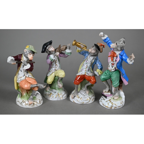 564 - Four Dresden porcelain 'Monkey Band' figures, after Meissen originals, 14-18 cm