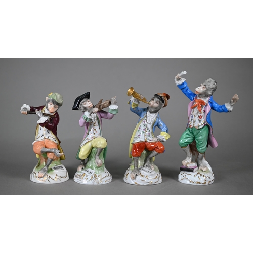 564 - Four Dresden porcelain 'Monkey Band' figures, after Meissen originals, 14-18 cm