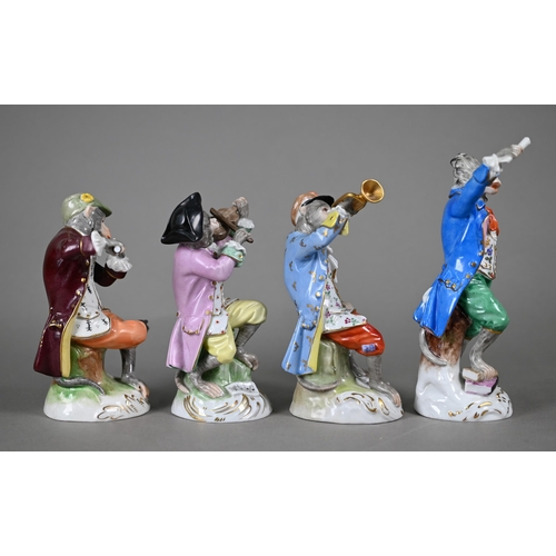 564 - Four Dresden porcelain 'Monkey Band' figures, after Meissen originals, 14-18 cm