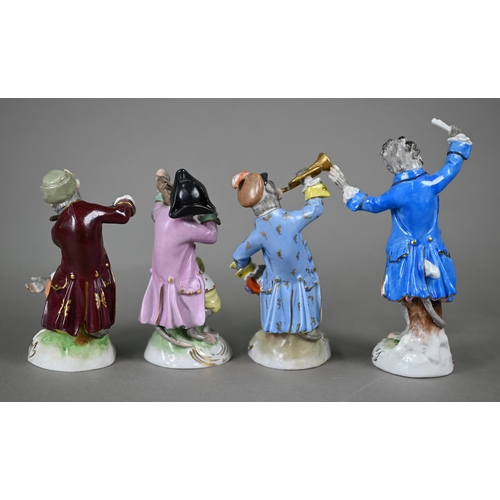 564 - Four Dresden porcelain 'Monkey Band' figures, after Meissen originals, 14-18 cm